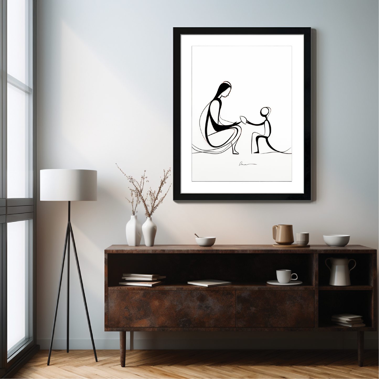 Man and Child in Stylized Line Work