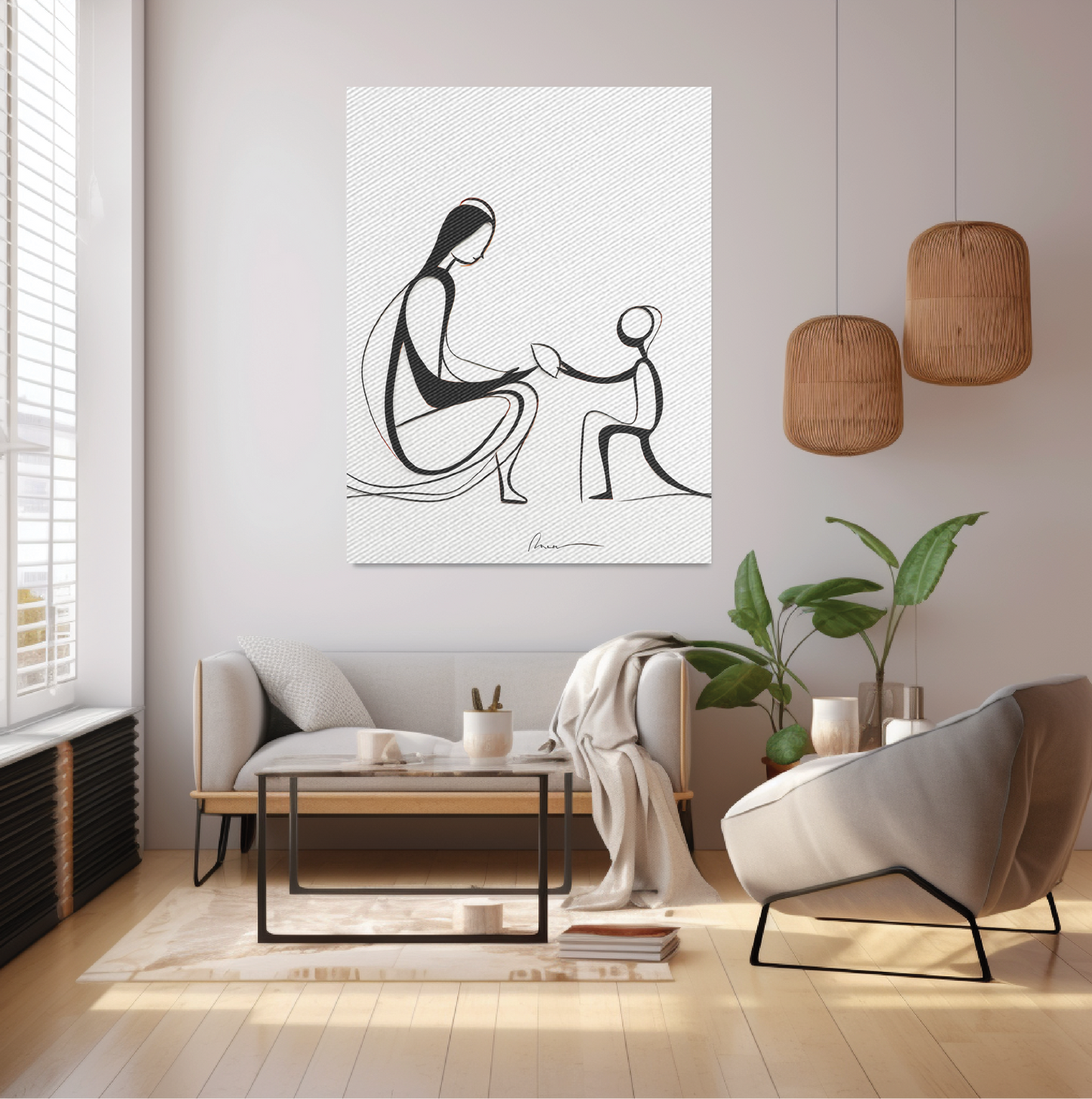 Man and Child in Stylized Line Work
