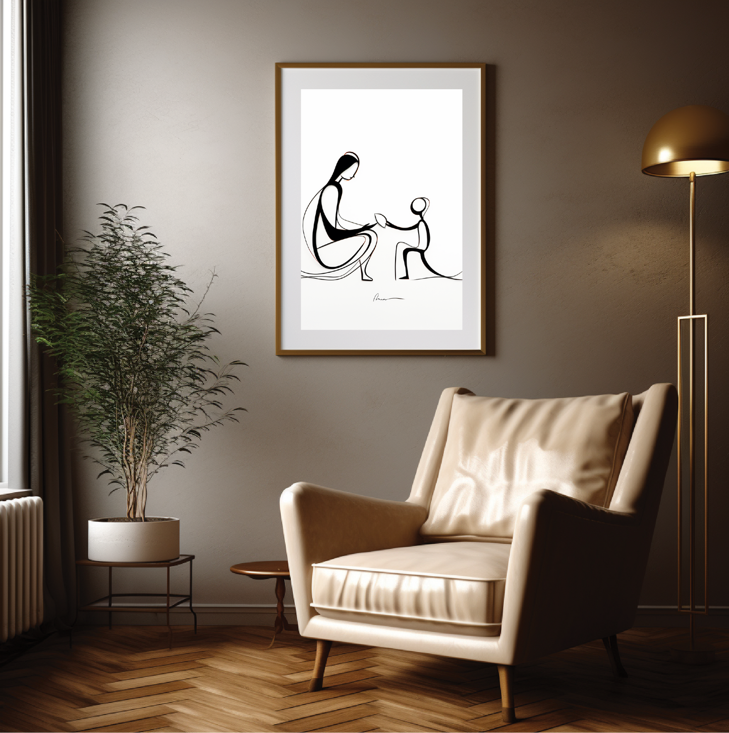 Man and Child in Stylized Line Work